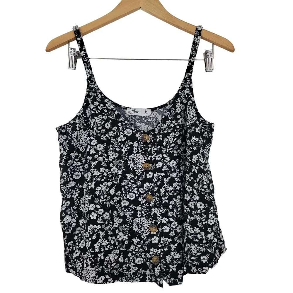 Hollister Black Floral Viscose Sleeveless Blouse Cami Faux Button Boxy Size M - Picture 1 of 9